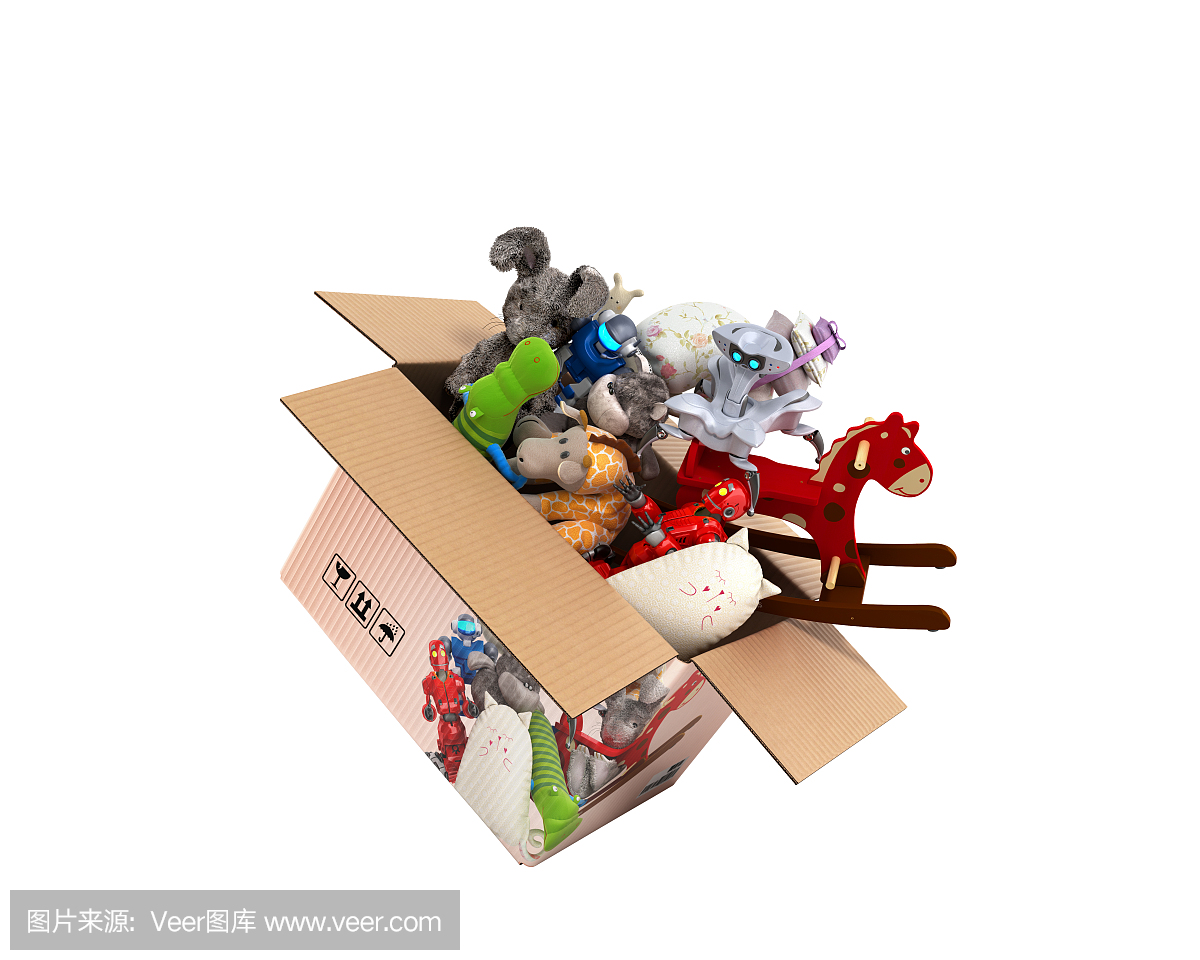 產品類別的概念玩具飛出盒子3d渲染在白色沒有陰影