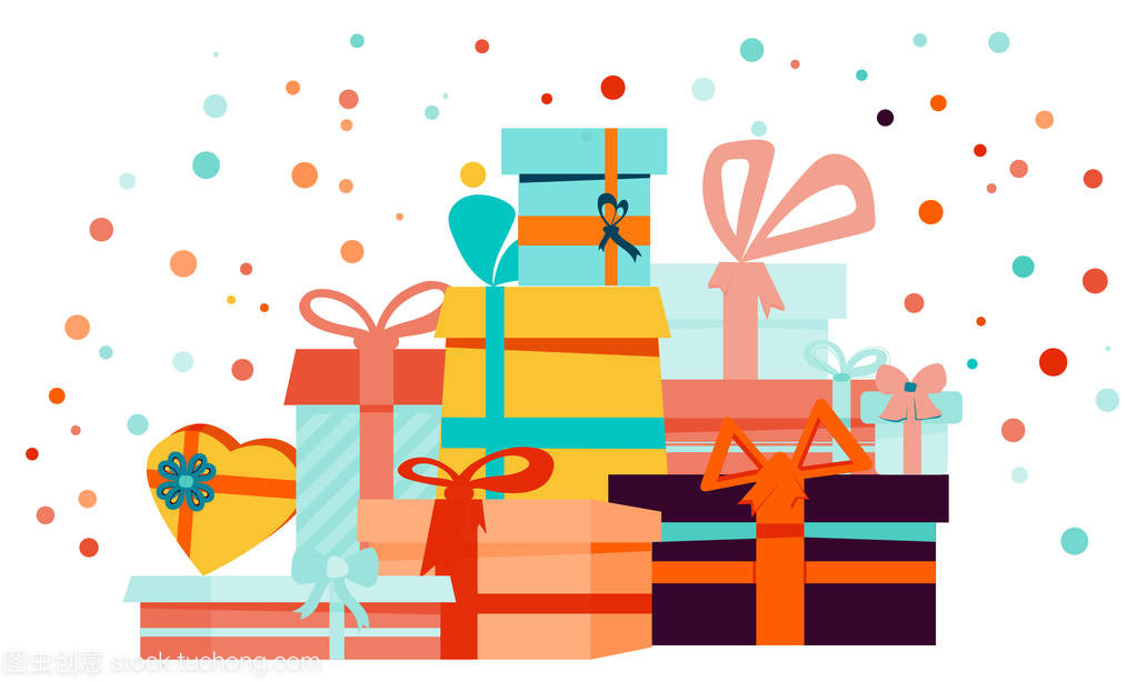 禮品盒卡通套與廣場(chǎng)、 心和圓形狀框和孤立的白色襯底上的紙屑。可以用于節(jié)日促銷,橫幅